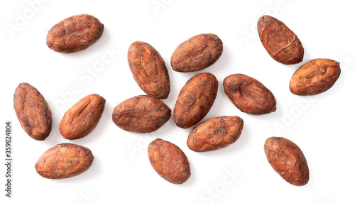 dried cocoa beans isolated on white background, top view