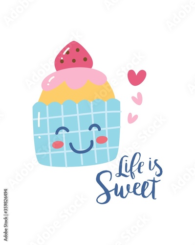 Cute t shirt design with kawaii smile cupcake and slogan