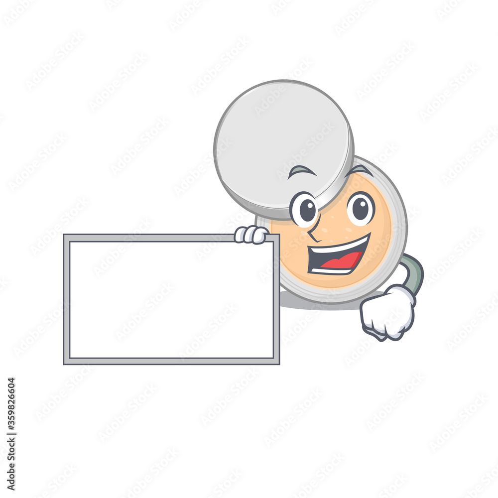 Cartoon character style of jar powder makeup holding a white board Cartoon character style of jar powder makeup holding a white board