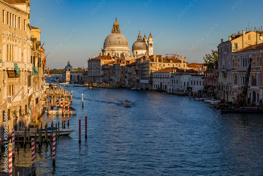 Sunset view of the iconic 17th-century Santa Maria di Salute Basilica on the Grand Canal in Venice