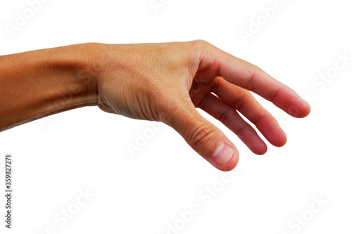 close up of hand reach out for catch somthing on white background.
