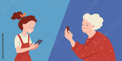 Senior woman and girl talking with smartphones. Family generations coummunicating online. Grandmother and granddaughter cartoon characters. Vector illustration.