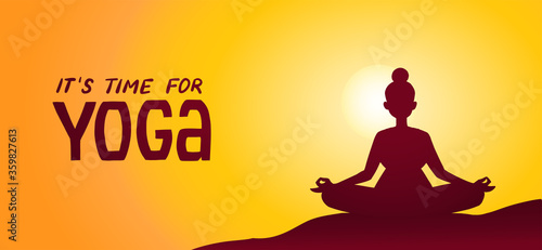 Young woman meditates at sunset or sunrise. Banner with time for yoga text. Girl sitting in padmasana pose in sunlight. Flat cartoon character, vector illustration.