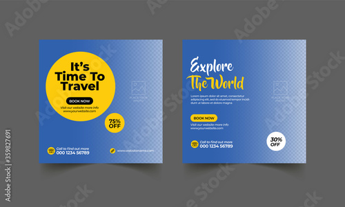 Travel social media post banner template for editable tour holiday vacation square flyer