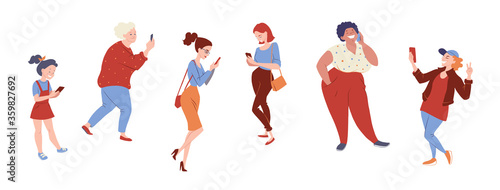 Diverse group of women with smartphones. People talking, texting, searching internet. Gadget addiction concept banner. Vector character illustration isolated on white.