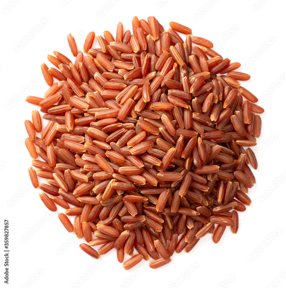 heap of raw red long-grained rice isolated on white background, top view heap of raw red long-grained rice isolated on white background, top view