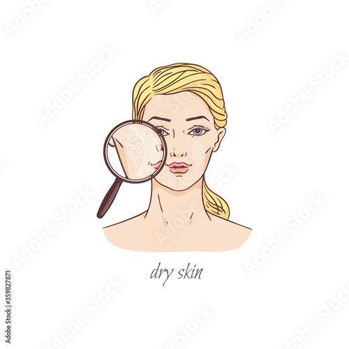 Woman with magnifier focused on dry skin, sketch vector illustration isolated.