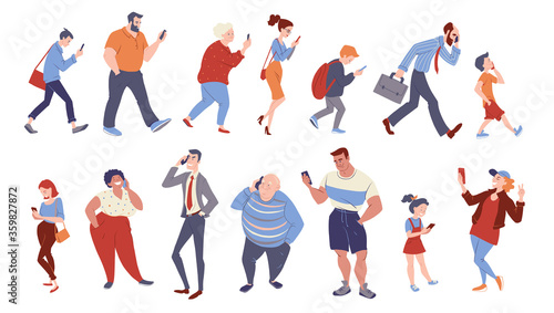 Diverse group of people with smartphones. Women and men talking  texting  searching internet. Communication network concept banner. Vector character illustration isolated on white.