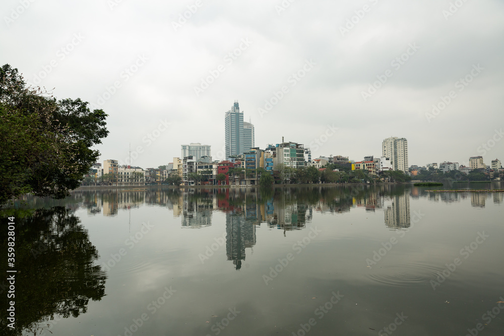 Urban cityscape in front of West lake of Hanoi which is capital of Vietnam