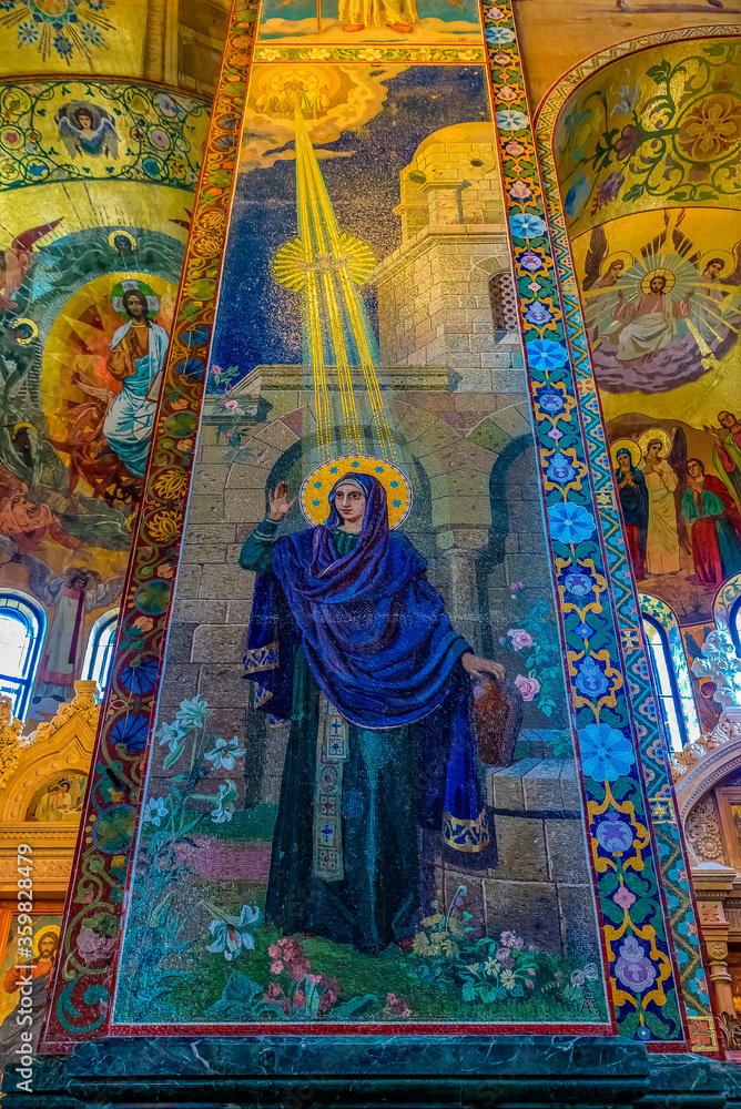 Ornate interior and icons of the Savior on Spilled Blood or Cathedral of Resurrection of Christ in Saint Petersburg, Russia
