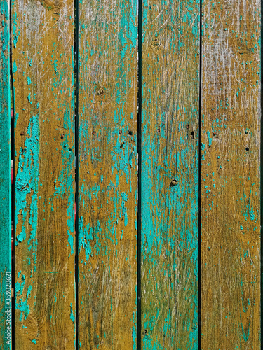 Green wood texture background. .Old ragged painted fence.