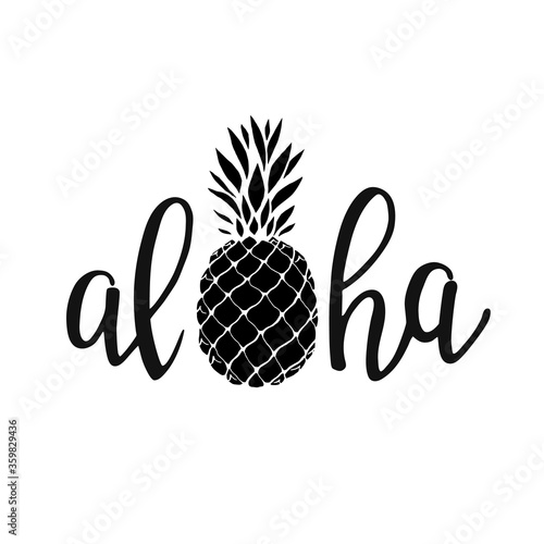 Aloha - hand written lettering. Text isolated on white background with design elements. Summer typography for photo overlays, t-shirt print, flyer, poster design. Beach life message