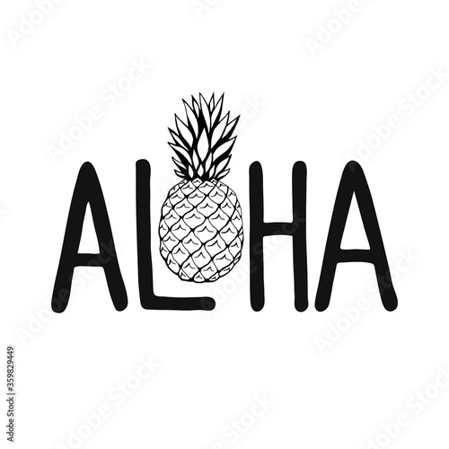 Aloha - hand written lettering. Text isolated on white background with design elements. Summer typography for photo overlays, t-shirt print, flyer, poster design. Beach life message