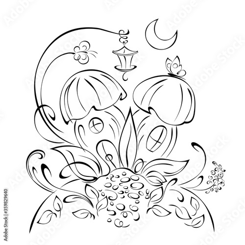 cartoon 4. stylized fairytale houses on a hill with leaflets, a street lamp, butterflies and the moon in the sky