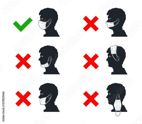 Common mistakes when wearing masks.
How to wear face mask properly.
The wright and wrong way to wear a mask.
Face masks do's and don'ts.