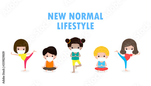 new normal lifestyle, yoga with group cute kids doing asana and wearing medical masks to prevent disease coronavirus (2019-nCoV) COVID-19 isolated on white background. yoga body posture vector