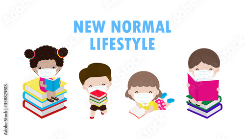 Back to school for new normal lifestyle concept, Social Distancing, cute kids reading book and wearing face mask for prevent coronavirus 2019 nCoV or covid-19 isolated on white background