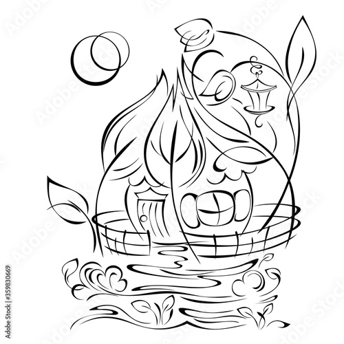 cartoon 6. small fairytale house covered with leaves, with a street lamp and a fence