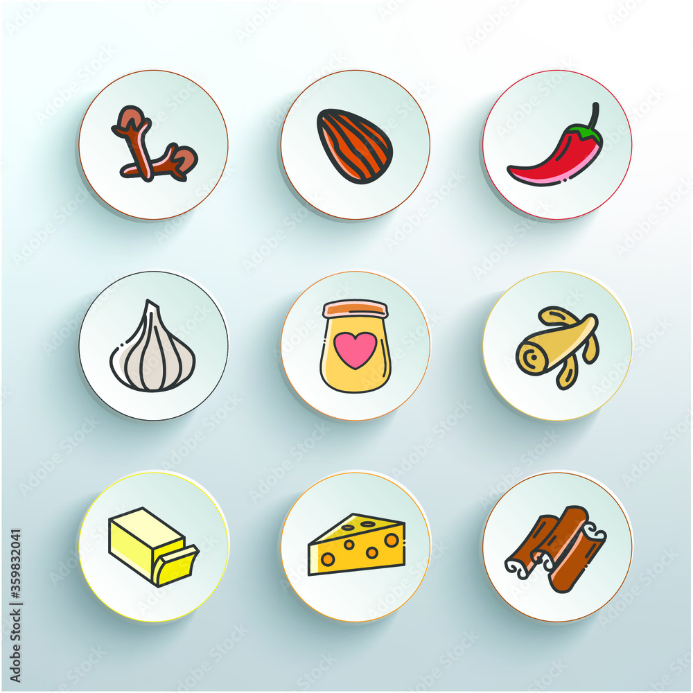 Set of masala icons. Multicolor fruits icon in trendy flat style. Set of masala icons. Multicolor fruits icon in trendy flat style.