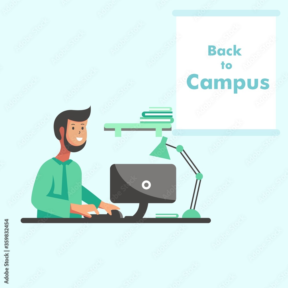 Flat style vector illustration. Back to Campus. Illustration in flat cartoon style, for website landing page, poster, pamphlet or any design Flat style vector illustration. Back to Campus. Illustration in flat cartoon style, for website landing page, poster, pamphlet or any design