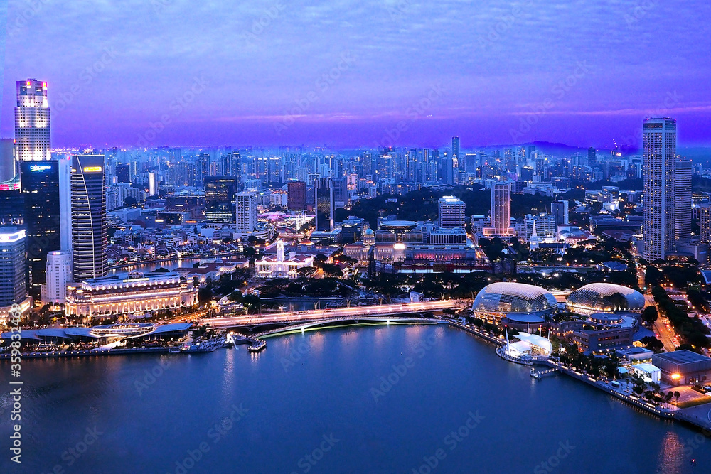 aerial Singapore city view in evening night time