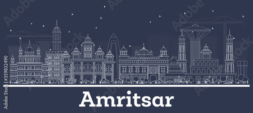 Outline Amritsar India City Skyline with White Buildings.