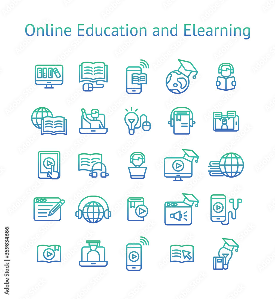 Online Education and Elearning gradient icon set. Online Education and Elearning gradient icon set.