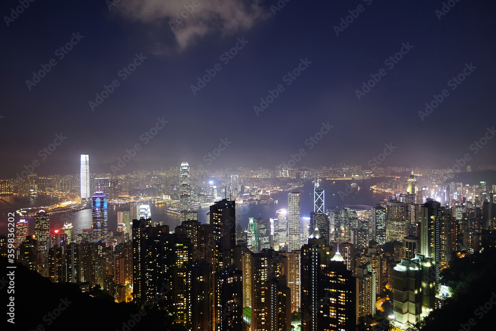 Night over Victoria Harbor as viewed atop Victoria Peak in Hong Kong, China