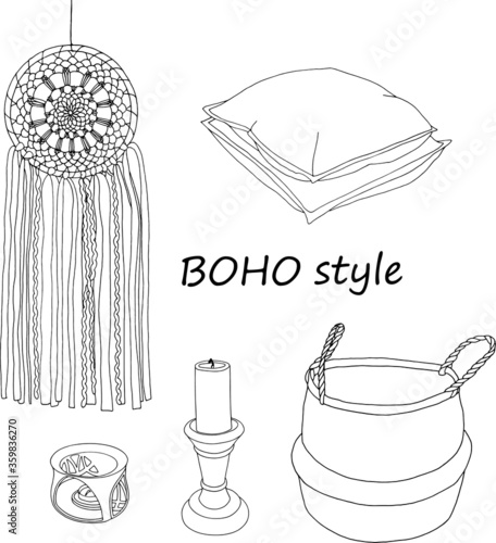 Boho styled set of the interior items. Vector hand-drawn outline illustration of dream catcher, candlestick, aroma lamp, wicker basket and pillows. Isolated objects