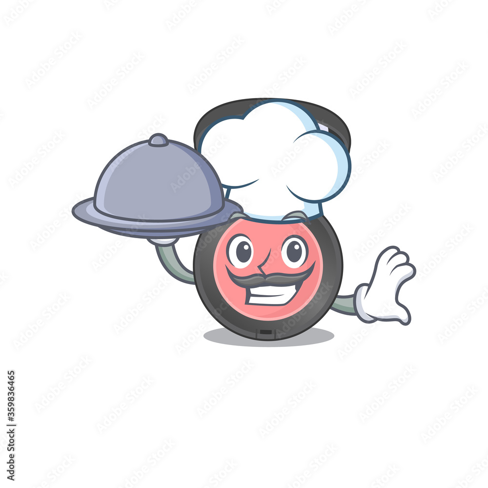 Obraz premium mascot character style of pink blusher chef serving dinner on tray