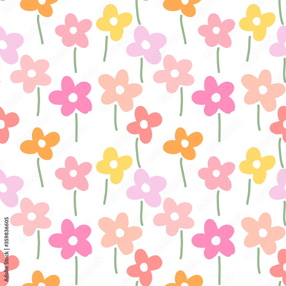 Seamless Pattern with Hand Drawn Flower Art Design on White Background