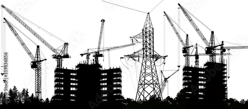 electrical pylon between houses builgings on white