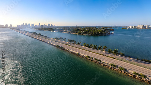 Aerial view of streets of Miami during Coronavirus quarantine. Palm Island neighborhood as background. Selective focus