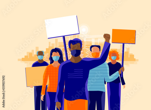 Group of people protesters protesting and wearing face mask to prevent covid virus, disease, flu, air pollution. Old young black man woman holding banner boards. Vector illustration with city skyline.