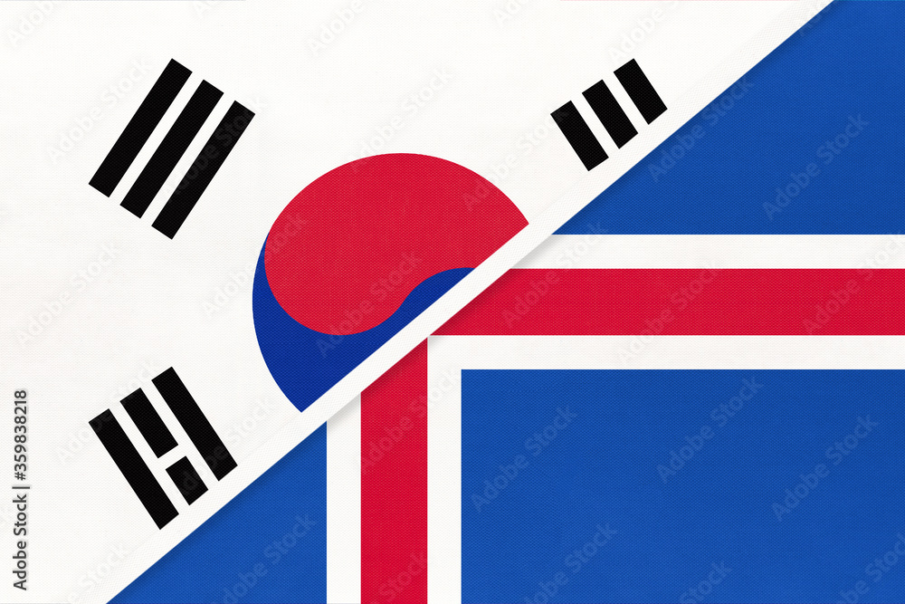South Korea and Iceland, symbol of national flags from textile. Championship between two countries. South Korea and Iceland, symbol of national flags from textile. Championship between two countries.