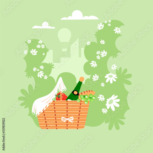 picnic. basket with food and drinks in nature. preparing for a picnic. vector illustration
