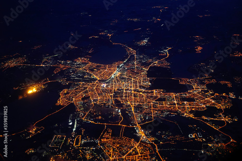 Night view on Novosibirsk from airplane, Russia