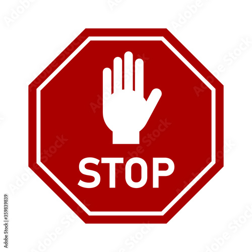 Octagonal Stop Sign with Hand Icon. Vector Image.
