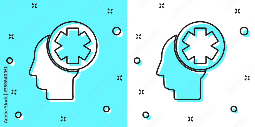 Black line Male head with hospital icon isolated on green and white background. Head with mental health, healthcare and medical sign. Random dynamic shapes. Vector Illustration. Black line Male head with hospital icon isolated on green and white background. Head with mental health, healthcare and medical sign. Random dynamic shapes. Vector Illustration.