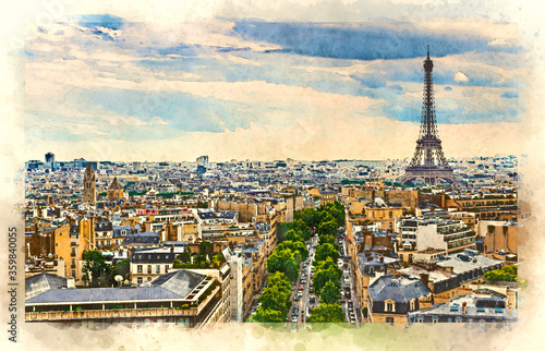 Aerial view of the Paris skyline with the Eiffel Tower. Watercolor style illustration.