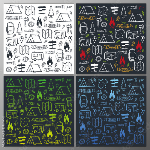 Summer camp. Set of Camping hand draw doodle backgrounds. Vector illustration.