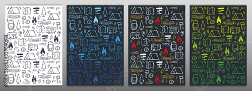 Summer camp. Set of Camping hand draw doodle backgrounds. Vector illustration.