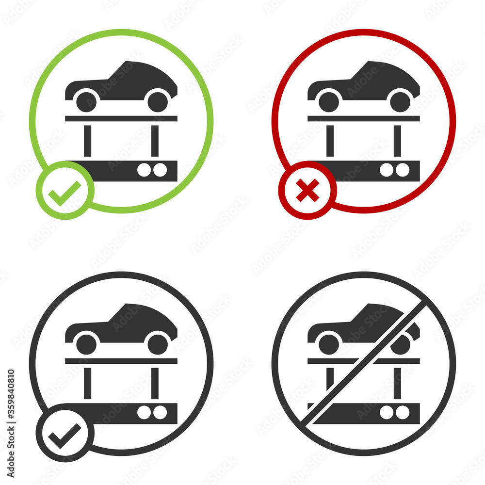 Black Repair car on a lift icon isolated on white background. Repair of the underbody, suspension, wheels and engine. Circle button. Vector Illustration. Black Repair car on a lift icon isolated on white background. Repair of the underbody, suspension, wheels and engine. Circle button. Vector Illustration.