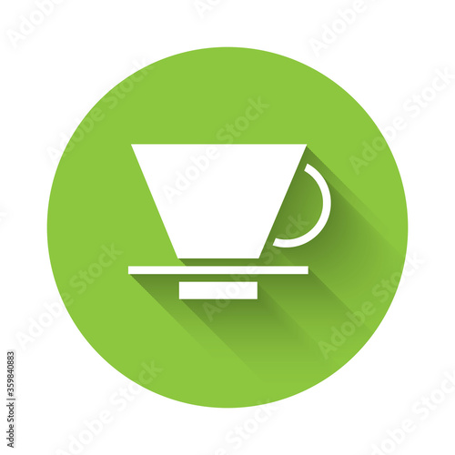 White V60 coffee maker icon isolated with long shadow. Green circle button. Vector Illustration.