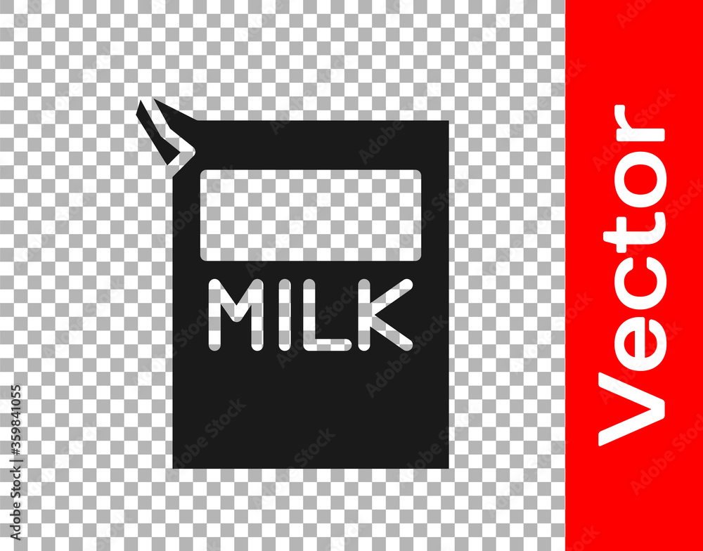 Black Paper package for milk icon isolated on transparent background. Milk packet sign. Vector Illustration. Black Paper package for milk icon isolated on transparent background. Milk packet sign. Vector Illustration.