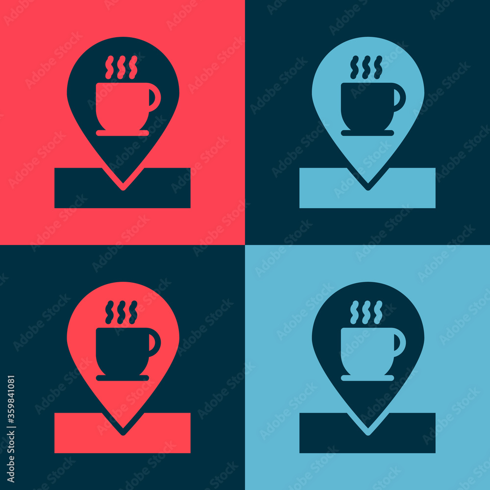 Pop art Location with coffee cup icon isolated on color background. Vector Illustration. Pop art Location with coffee cup icon isolated on color background. Vector Illustration.