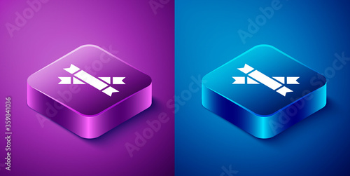 Isometric Sugar stick packets icon isolated on blue and purple background. Blank individual package for bulk food products as coffee, salt, spices. Square button. Vector Illustration.