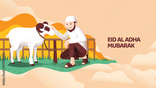 muslim man sit with sacrifice animal goat or sheep for eid al adha mubarak celebration
