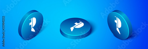 Isometric Fencing helmet mask icon isolated on blue background. Traditional sport defense. Blue circle button. Vector Illustration.