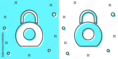 Black line Kettlebell icon isolated on green and white background. Sport equipment. Random dynamic shapes. Vector Illustration.